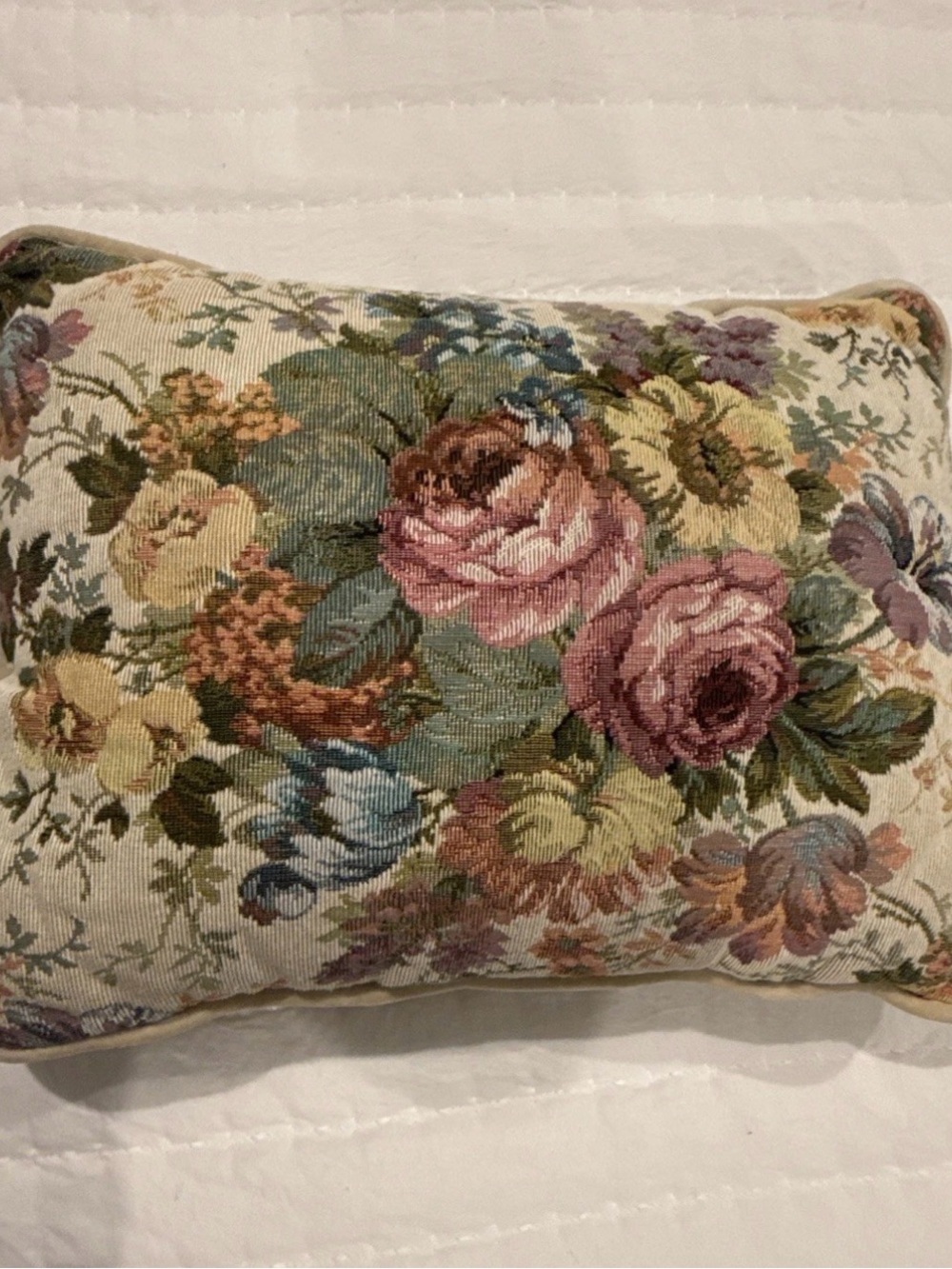 Floral Tapestry Decorative Pillow - Pink, Green, Cream with velvet backing